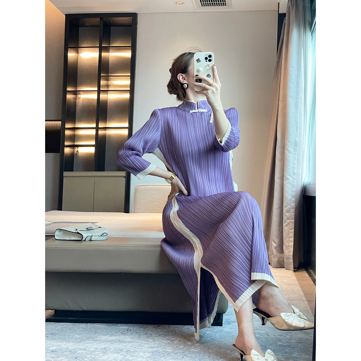Miyake autumn new retro long improved cheongsam skirt color matching elegant slim pleated dress