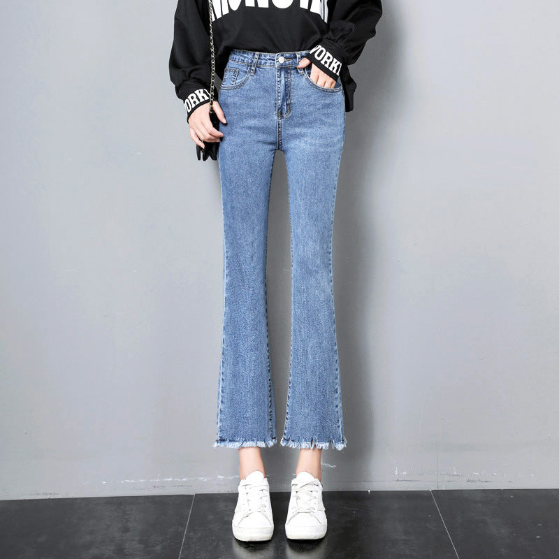 flowersverse Slightly Flared Jeans Women's High Waist New Spring and Autumn Clothing Slimming Cropped Small Stretch Women's Pants