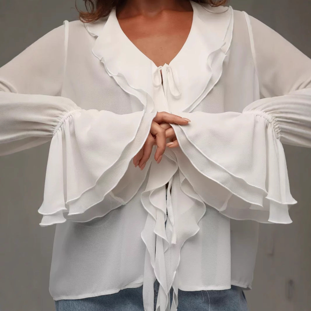 FLOWERSVERSE Spring 2025 style New women's clothing new fashion ruffle edge horn sleeve V-neck lace-up versatile shirt shirt women