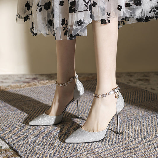 flowersverse Small Size 313233 Closed Toe Sandals Women's Design Sense Niche Temperament Ankle-Strap Stilettos High Heels plus Size 41-43