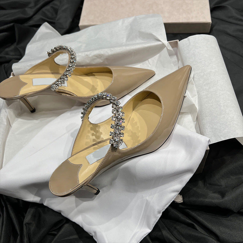 flowersverse JC Rhinestone High Heel Shoes New Style One Strap Fashionable All-Match Casual Pointed Luxury Genuine Leather Wedding Shoes for Women