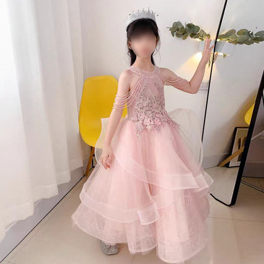 flowersverse 女童生日礼服公主裙新款粉色小女孩走秀儿童主持人钢琴演出服