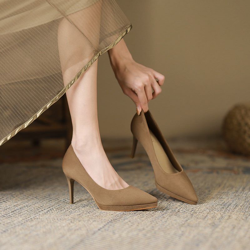 2025 8088-5 High heels for women's autumn suede, light mouth, thin heel, pointed single shoes, waterproof table, sexy solid color high heels for women