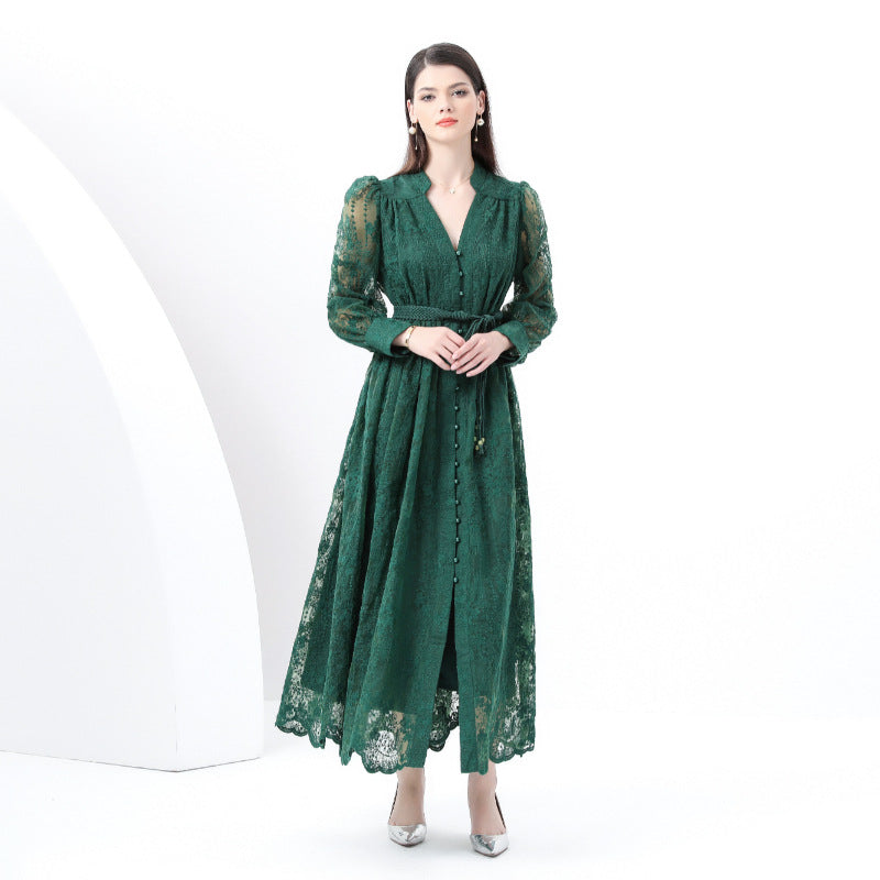 retro court dress heavy industry embroidery waist thin long lace dress women's New Popular trade dress