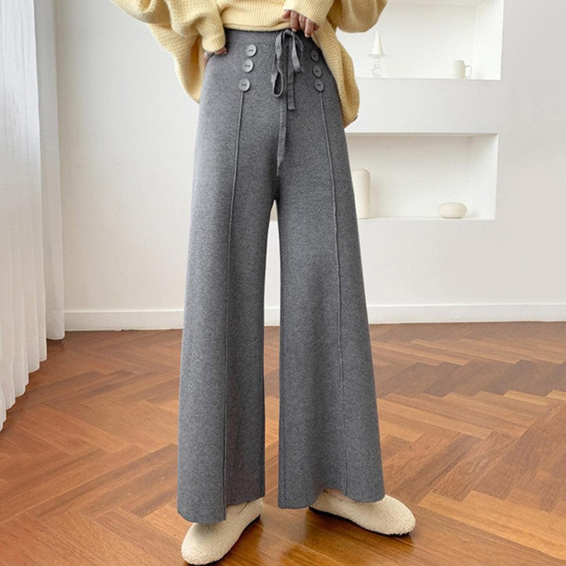 flowersverse White Pants for Women Early Spring and Autumn New Glutinous Rice Pants High Waist Drooping Slimming Mopping Casual Knitted Wide-Leg Pants