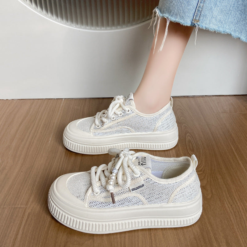flowersverseWomen's Thick-Soled Canvas Shoes New Summer Thin Matching Skirt Breathable Mesh Shoes Thick-Soled All-Match White Shoes