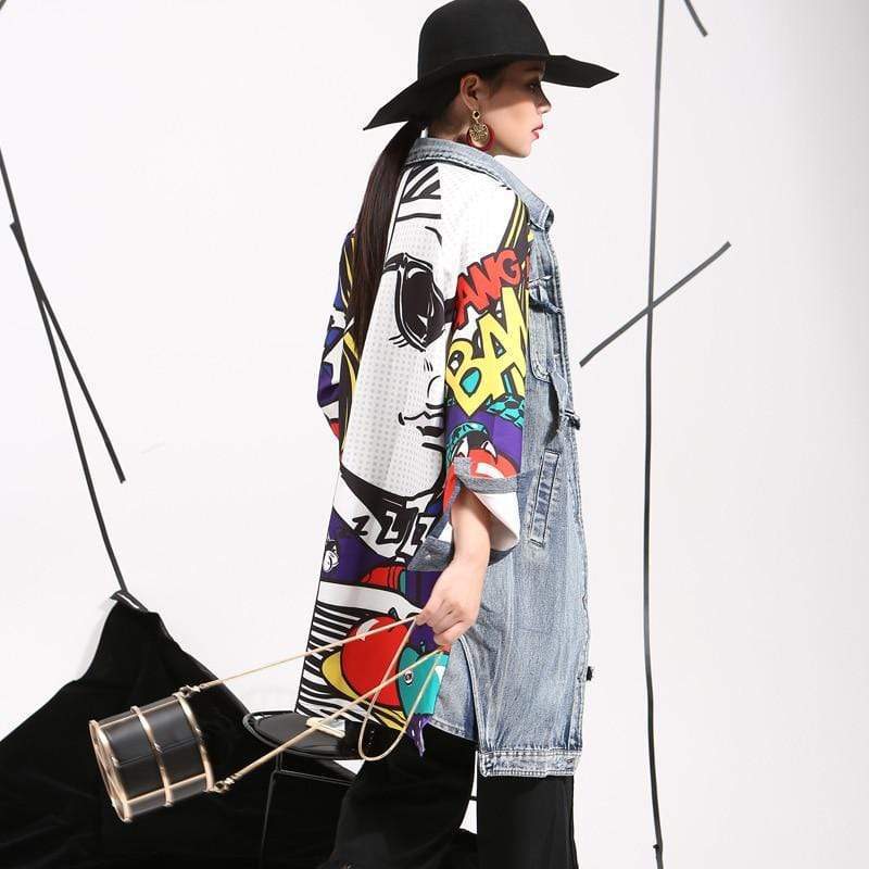 New new women's denim trench coat fashion abstract creative pattern splicing loose washing denim jacket