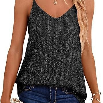 FLOWERSVERSE New 2025 new 2025 new loose sequins V-neck sleeveless casual sequins deep V suspenders