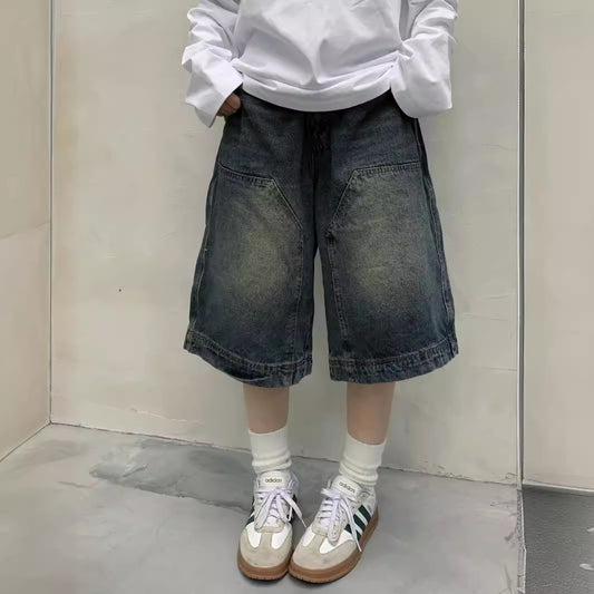 flowersverse Cross-Border HOTan and NEWn Style Retro Washed Niche Denim Shorts Men and Women Straight Wide Leg Distressed Casual Cropped Pants Women