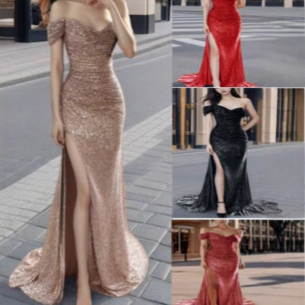 FLOWERSVERSE 2025 cross-border hot-selling 2025 trade women's clothing polyester sexy fine flash split-ended dance dress sequins
