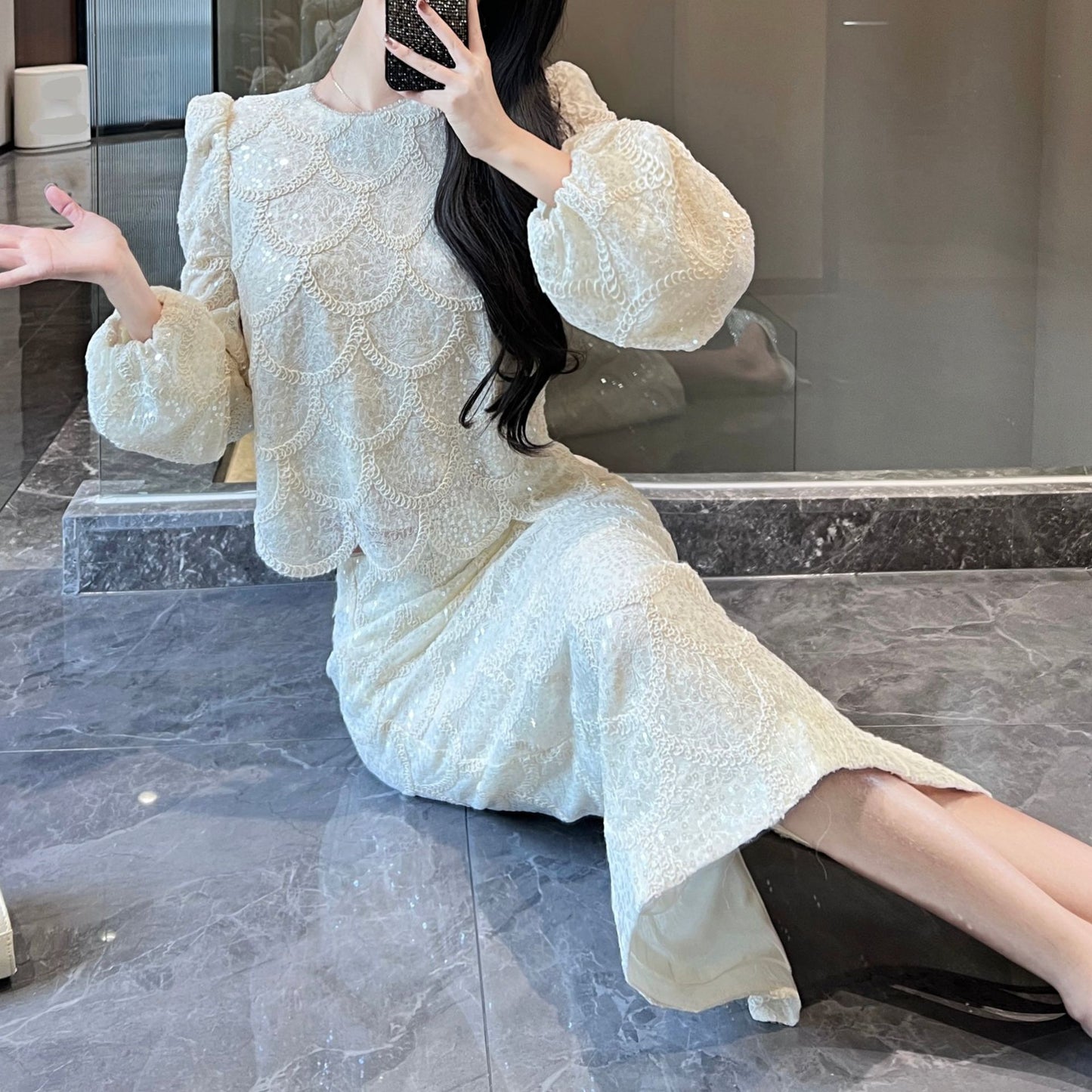 2025 early spring celebrity heavy industry sequined small fragrant lace top skirt two-piece set