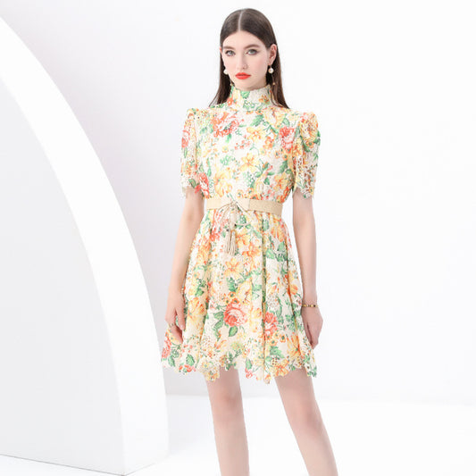 new dress women's strap waist high neck bubble sleeve hollow crochet lace A word short skirt