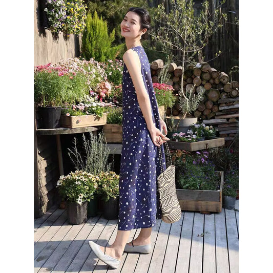 Printed sleeveless vest long dress summer new literary and retro floral loose round neck medium and long dress