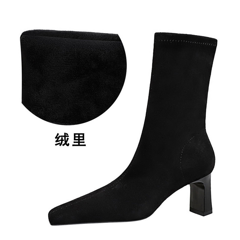 FLOWERSVERSE 2025 375-8 fashion simple thick heel square head suede pedicure thin short women's boots winter high heel short boots