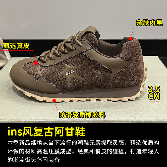2025 Leather retro shoes women's spring and autumn new flat-bottomed sports and leisure shoes delicate niche Maillard training shoes