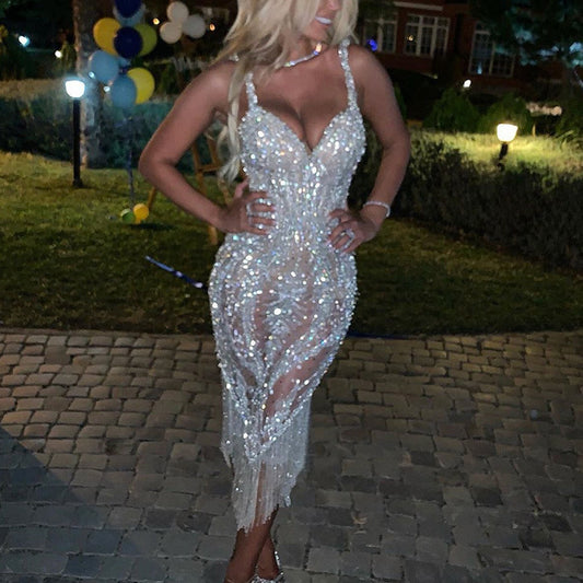 FLOWERSVERSE popular New new Popular trade 2025 Popular trade women's clothing ebay deep V long-sleeved sequined dress small dress