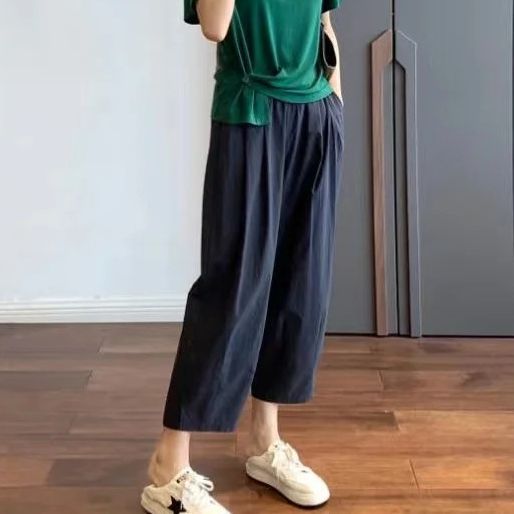 flowersverse Thin Wide-Leg Cropped Pants Women's Summer Casual Straight Pants Japanese Style Simple Slimming Solid Color Workwear Pants
