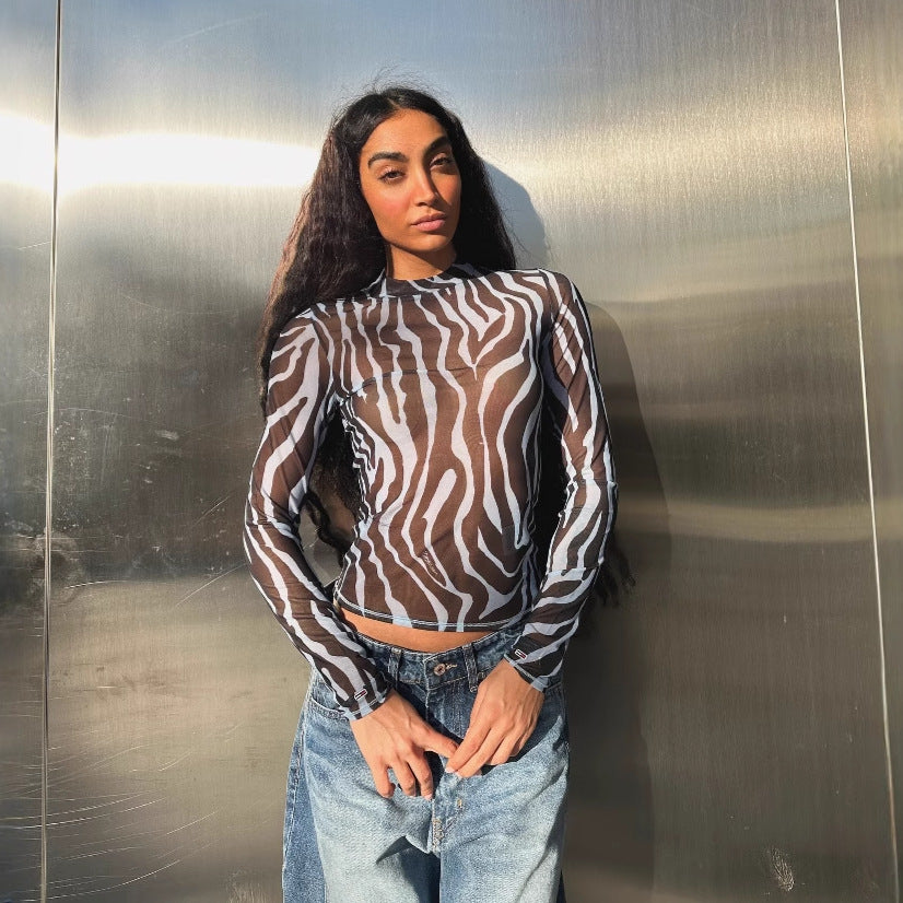 Zebra pattern fashion sexy see-through mesh long-sleeved T-shirt outside wearing female spice girl senior sense thin summer top female