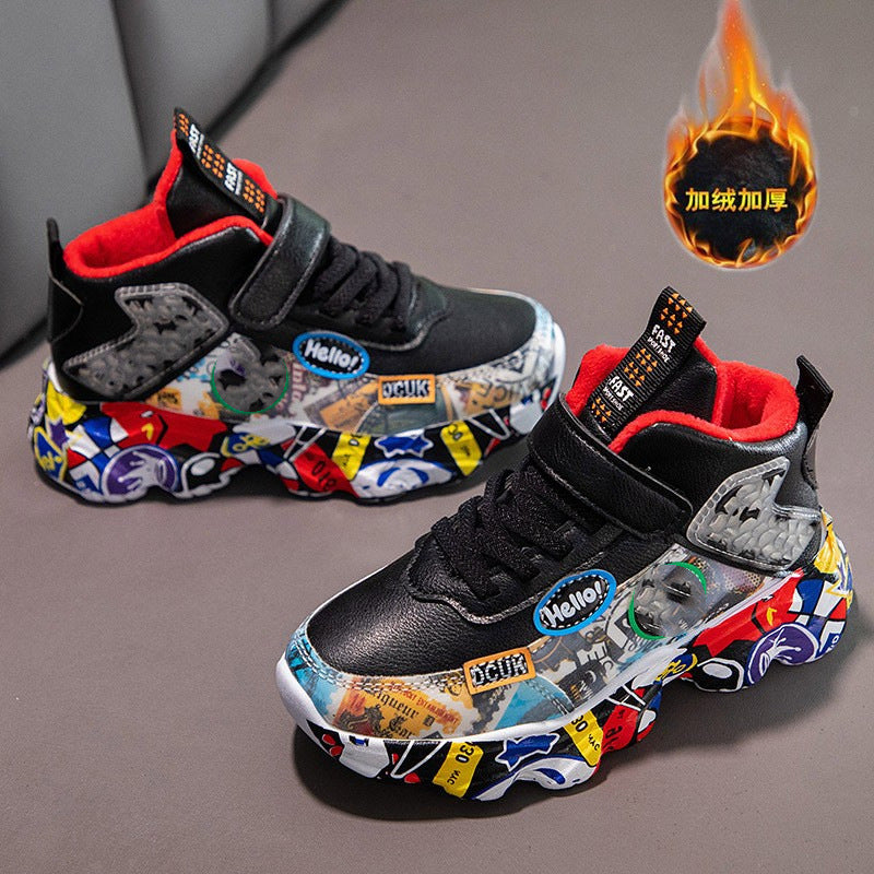 flowersverse Men's and Women's Children's Shoes Autumn and Winter Children's Sneaker Leather Dad Shoes Boys and Girls Middle and Big Children Camouflage Running Shoes