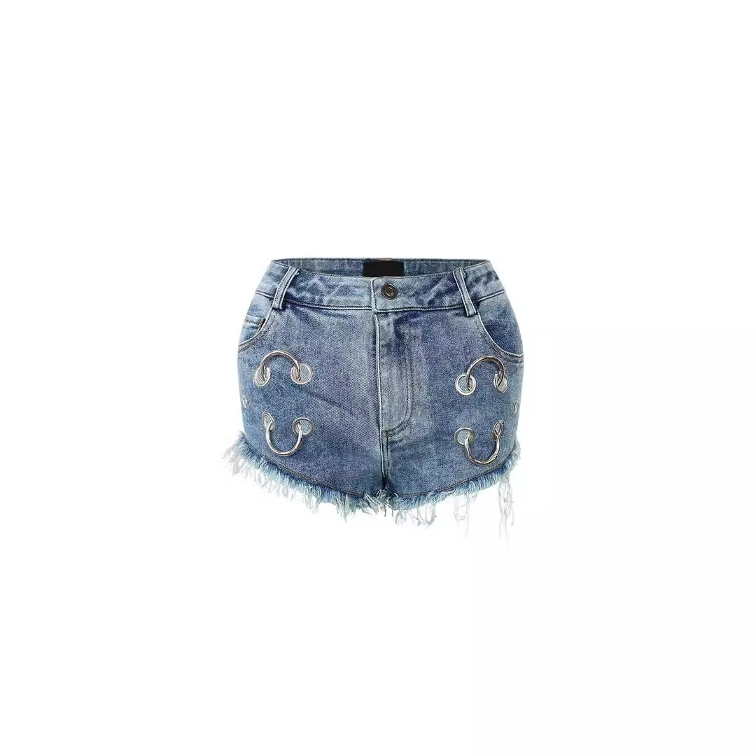 flowersverse Summer New HOTan and NEWn Sexy Denim Shorts Women's Eye Metal Ring Hot Pants Jeans Bar