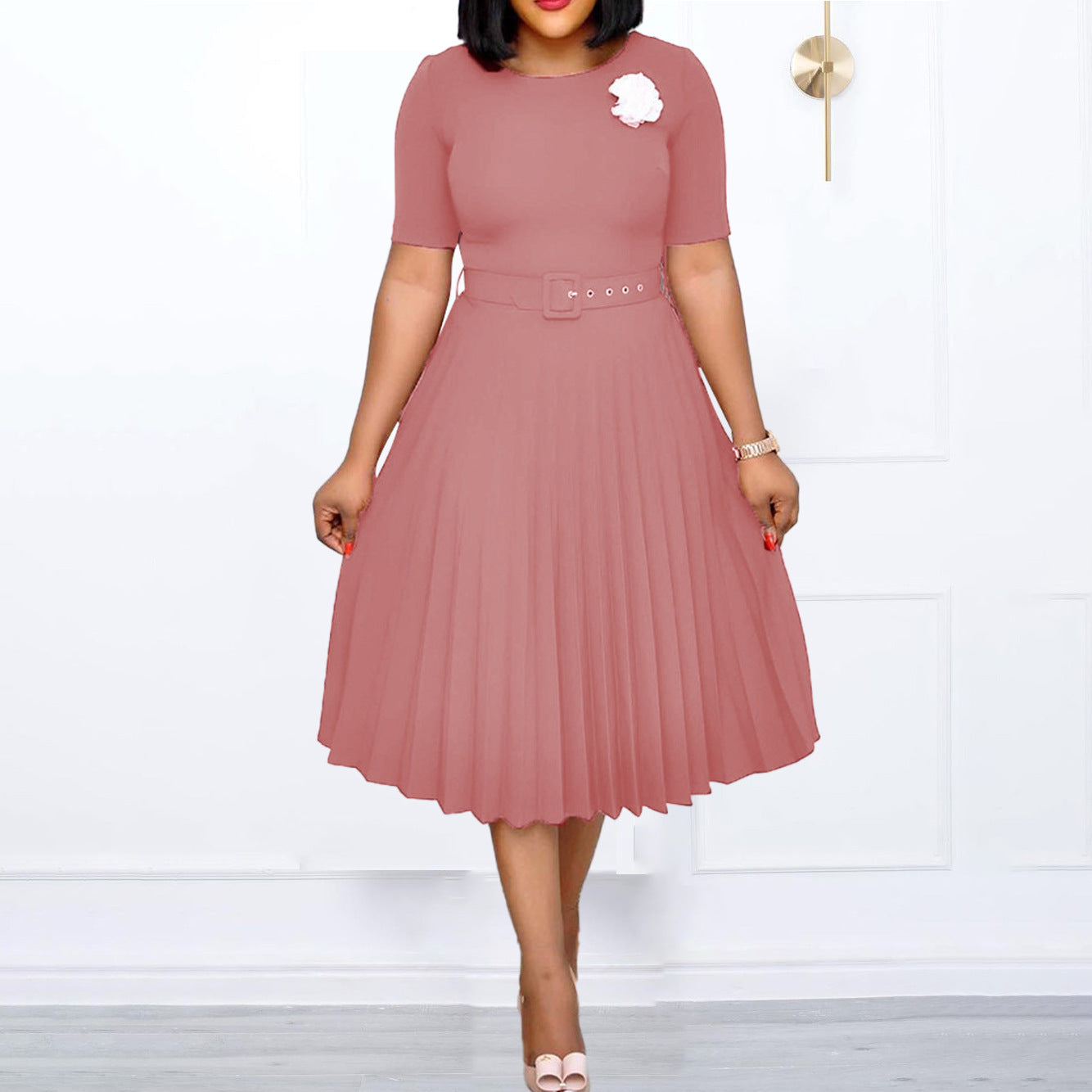 FLOWERSVERSE Cross-border new European, American round neck medium and long pleated skirt large size African cross-border belt dress