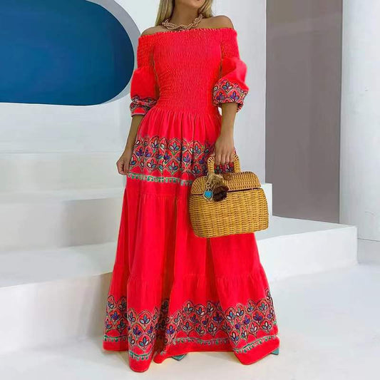 FLOWERSVERSE summer high waist temperament commuter suspender type embroidered loose yellow ethnic style printed long dress clothing