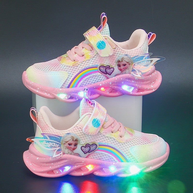 flowersverse Children's Shoes Wholesale with Lights Spring and Autumn New Mesh Breathable Children Sneaker All-Matching Princess Light Shoes