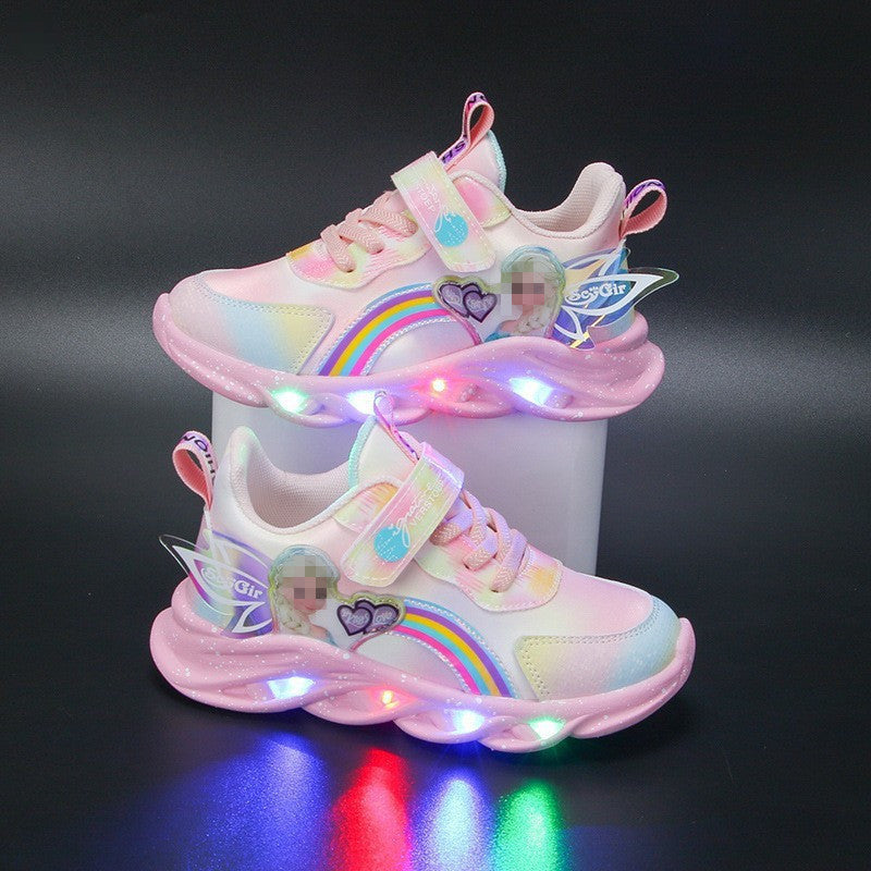flowersverse Children's Shoes Wholesale with Lights Spring and Autumn New Mesh Breathable Children Sneaker All-Matching Princess Light Shoes