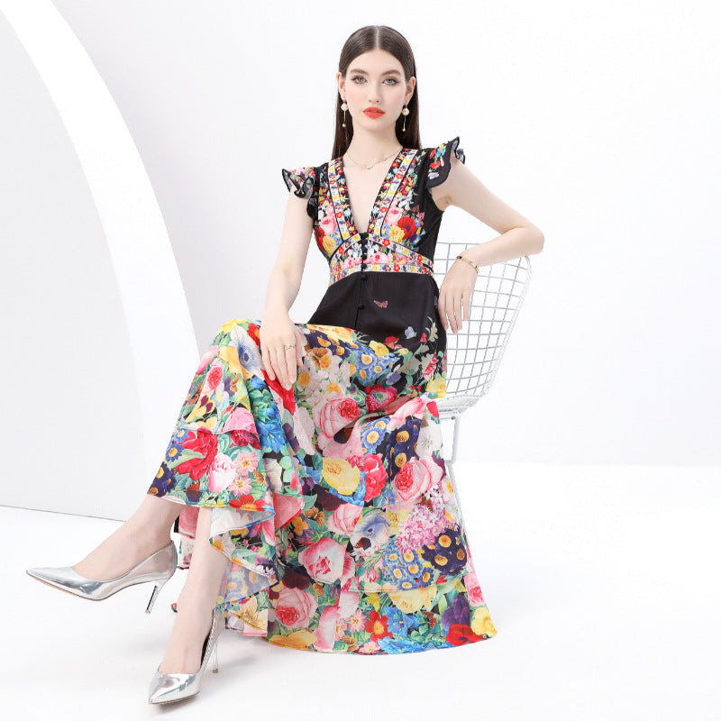 court style deep V-neck small flying sleeves waist thin single-breasted printing split-ended ruffle edge holiday dress