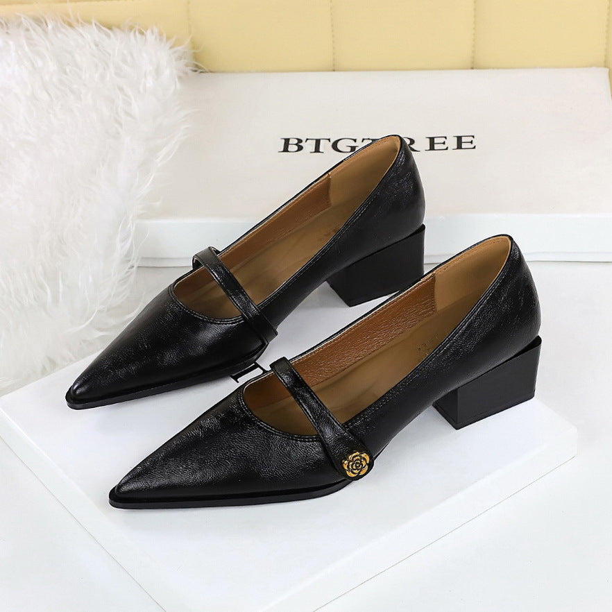 2025 2838-3 retro Mary Jane women's shoes thick heel shallow mouth pointed camellia one word buckle temperament low heel shoes