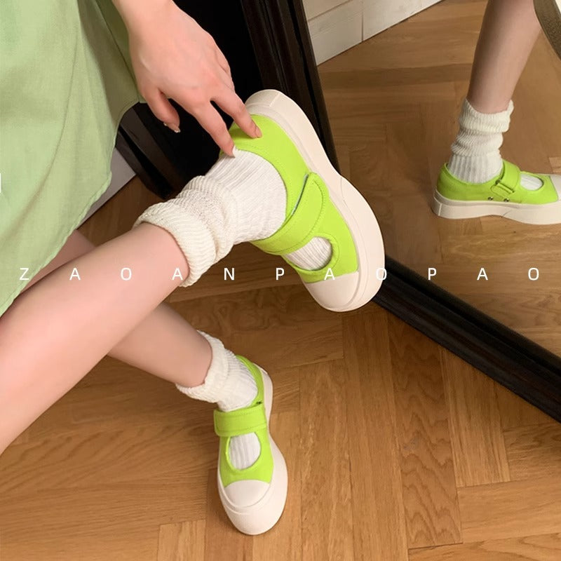 flowersverseZhao Lusi Same Style Canvas Mary Jane Shoes Female Mona All-Match Big Head Nurse Shoes Spring and Summer Style Platform White Shoes