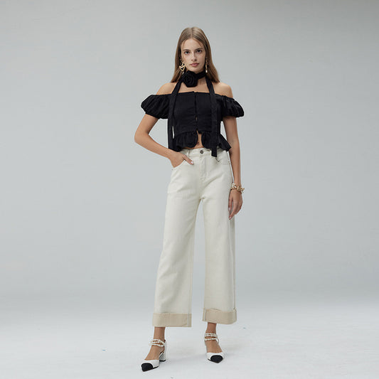 2025 Summer new Xinjiang long-staple cotton micro-elastic anti-wrinkle large-flanged women's clothing denim nine-point wide-leg pants straight-leg pants