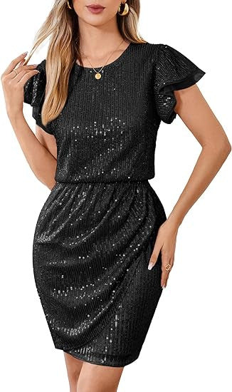 FLOWERSVERSE New Cross-border Black Gold Double Spell Solid Color Temperament Commuter High Waist Fashion Sequin Dress