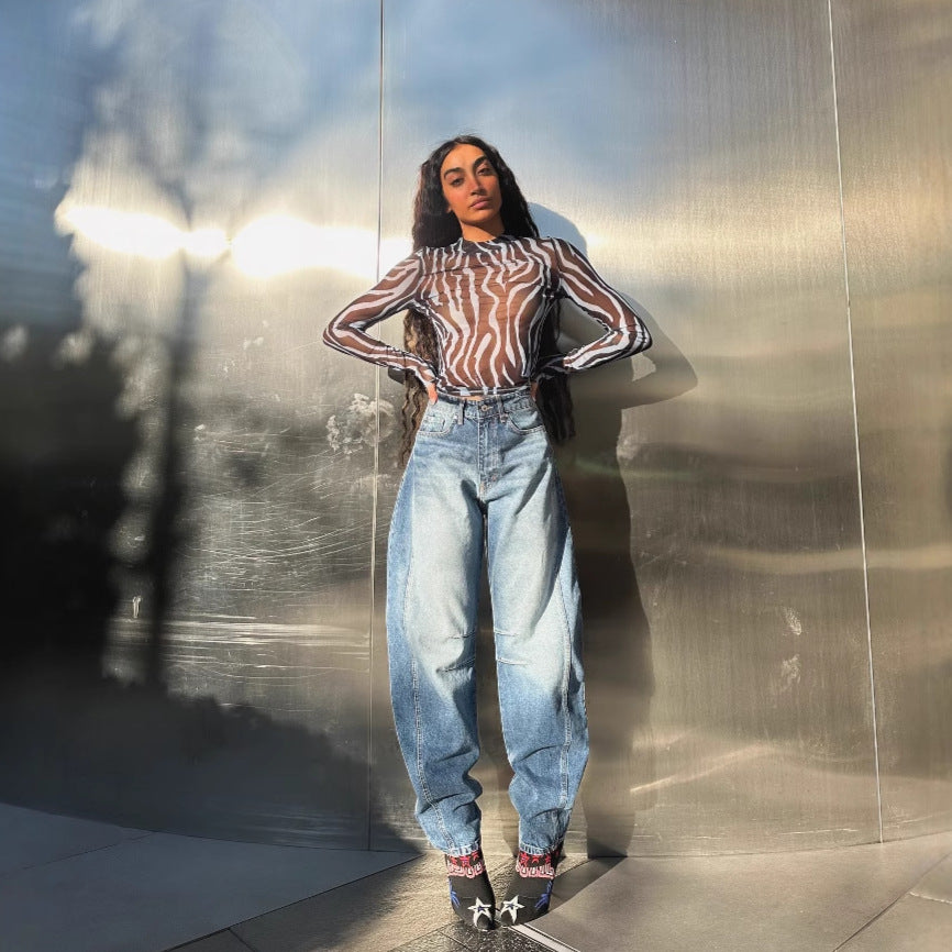 Zebra pattern fashion sexy see-through mesh long-sleeved T-shirt outside wearing female spice girl senior sense thin summer top female