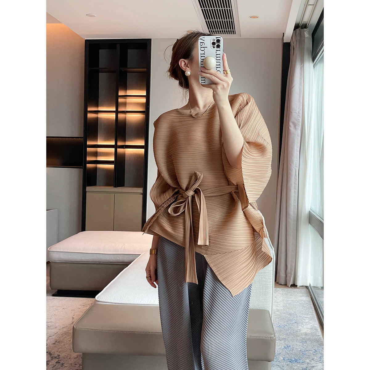 Miyake summer new pleated top irregular pleated short sleeve loose medium and long crew neck T-shirt