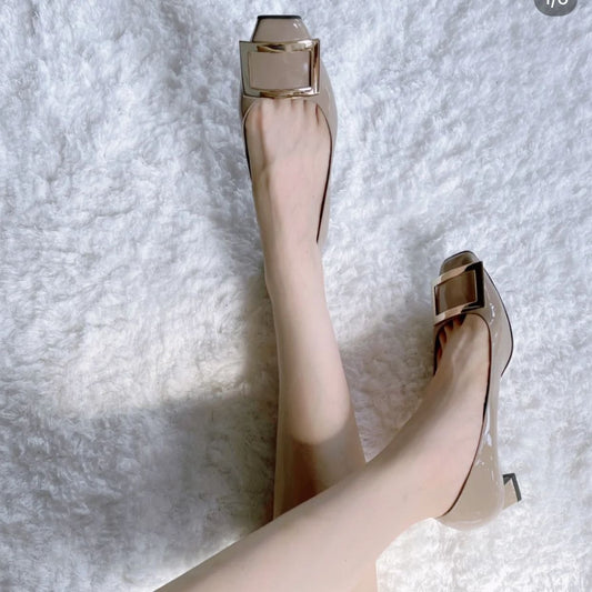 flowersverse Factory! RV Women's Shoes Square Buckle Thick Pumps Patent Leather High Heels Commuter Small Leather Shoes Red Wedding Shoes One Piece Dropshipping