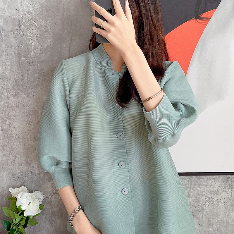 Xiaoxiangfeng breasted stand-up collar short jacket spring and summer new Mizhai women's cardigan slim-fitting and thin pleated top