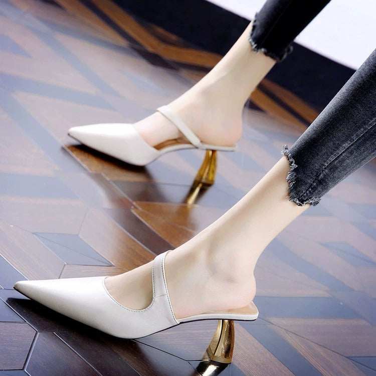 flowersverse Spring New Mid-Heel Comfortable Chunky Heel Sandals Women's High Heels Ol Korean Style Bag Head Lazy Pointed Toe Half Support