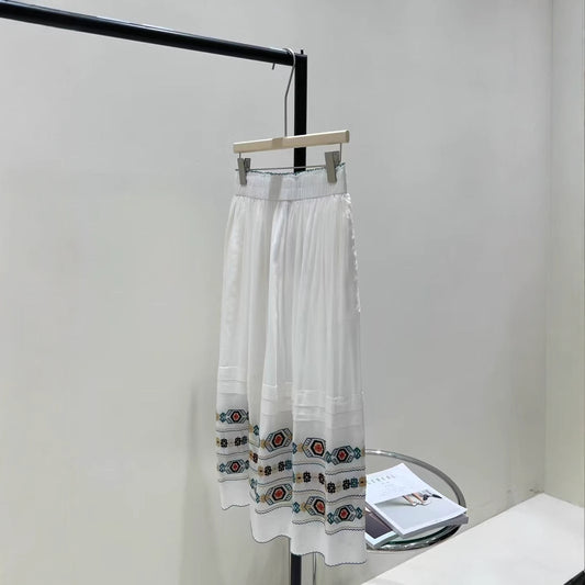 2025 Elegant ethnic style! Niche retro pattern embroidery edging cotton skirt + shirt top set