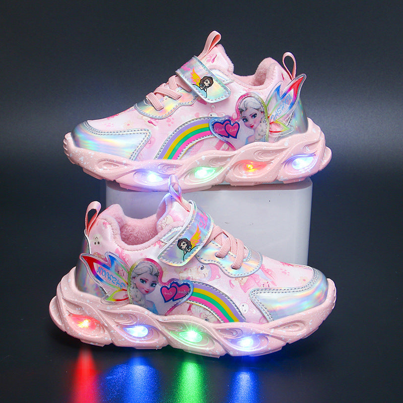 flowersverse With Light Girls' Shoes Autumn New Mesh Surface Breathable Shoes Leather Girls Sneaker Little Girl Princess Shoes