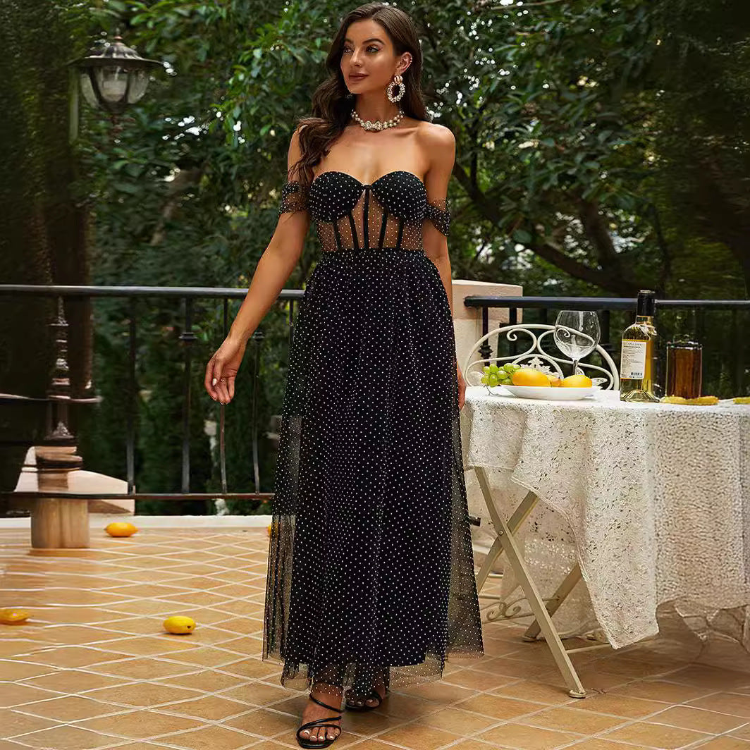 FLOWERSVERSE New summer 2025 trade women's clothing slim-fitting fashion black tube top mesh polka dot 2025 princess dress temperament dress