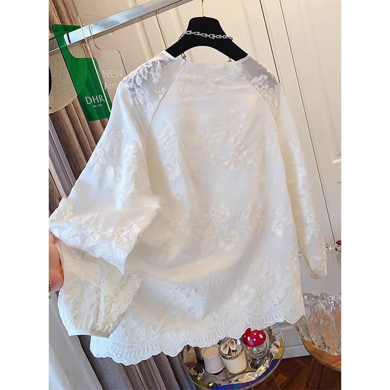 3587 Spot Lace Shirt Summer New Premium Embroidered Shirt Large Size New Chinese National Style Top