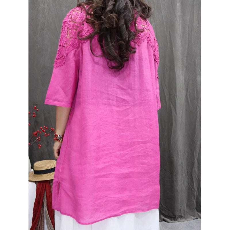 spring and summer new retro ramie hollow splicing loose casual solid color shirt fashionable versatile medium sleeve top