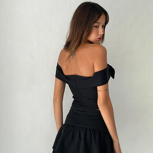 FLOWERSVERSE Autumn popular new women's clothing 2025 style fashion temperament sexy slim bow shoulder T-shirt top women