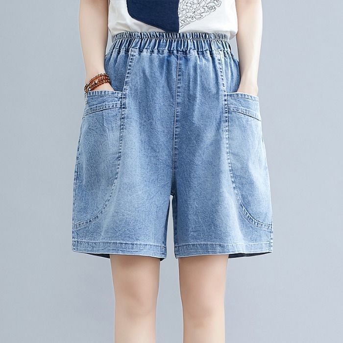 flowersverse Denim Shorts Women's Summer New Pants Women's Casual Loose Hole Embroidery Stitching Thin Wide-Leg Pants