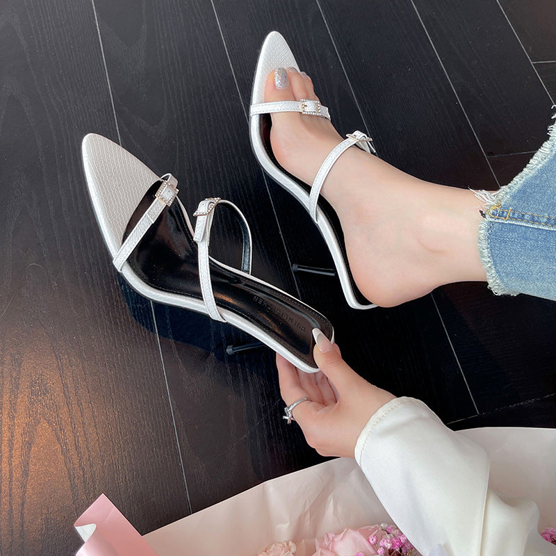 flowersverse Sexy Pointed High Heel Shoes 23 Summer New Rhinestone Stiletto Roman Sandals with Square Buckle Open Toe Women's Shoes Slippers