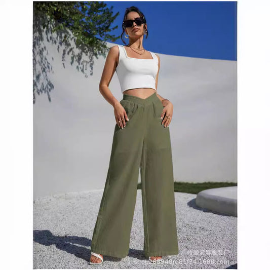 FLOWERSVERSE Cross-Border Foreign Trade New European and American Solid Color Cross Waist Pleating Wide Leg Popular Women's Casual Pants
