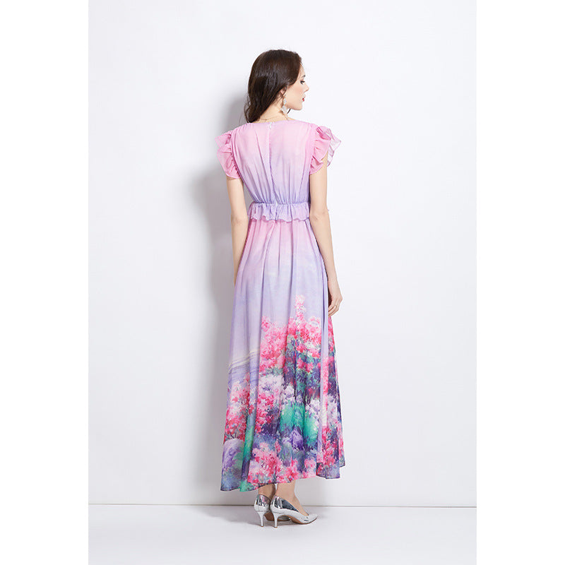 GRETA spring new retro flower small fly sleeve long dress