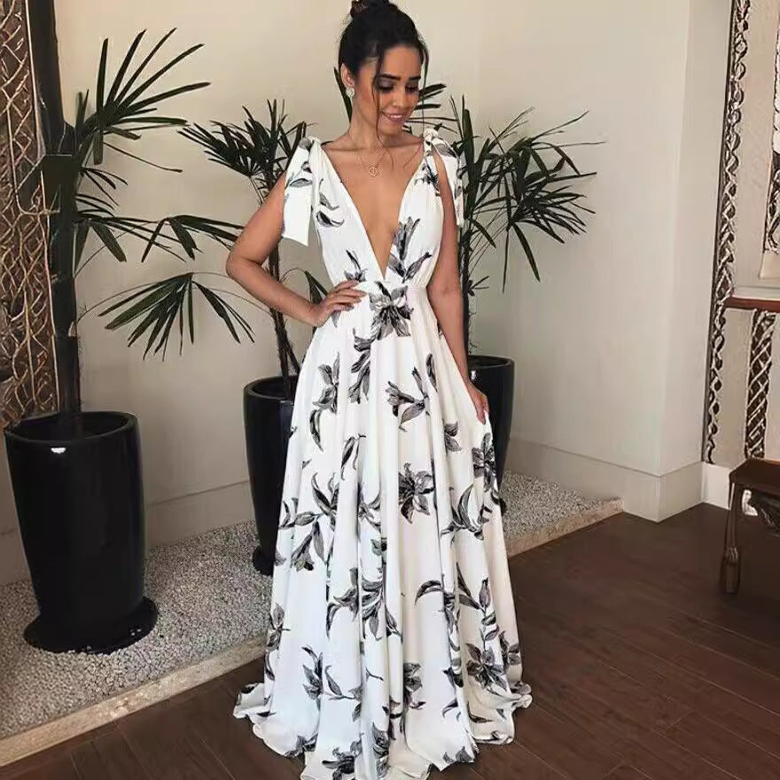 FLOWERSVERSE Cross-border new , Popular, 2025, Popular trade Bohemian air leak back strap suspender printed dress