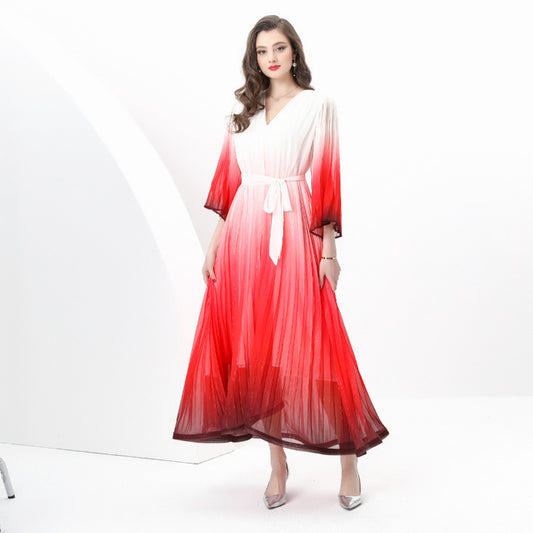 欧美风渐变色V领连衣裙女春季喇叭袖压褶绑带设计别致绝美长裙子